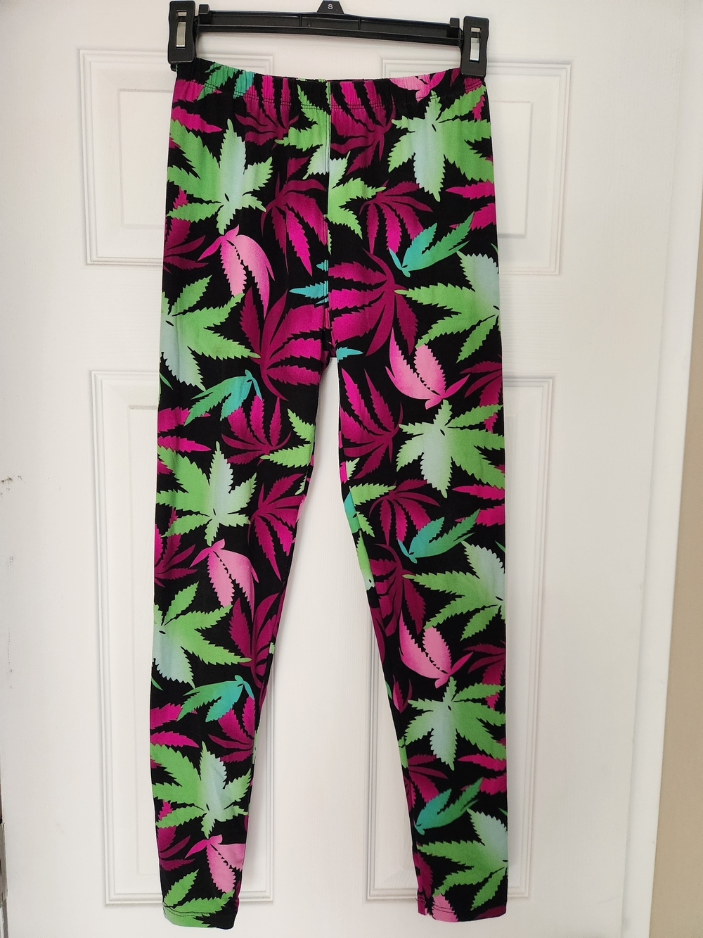 Black Leggings with Pink & Green Leaf Print